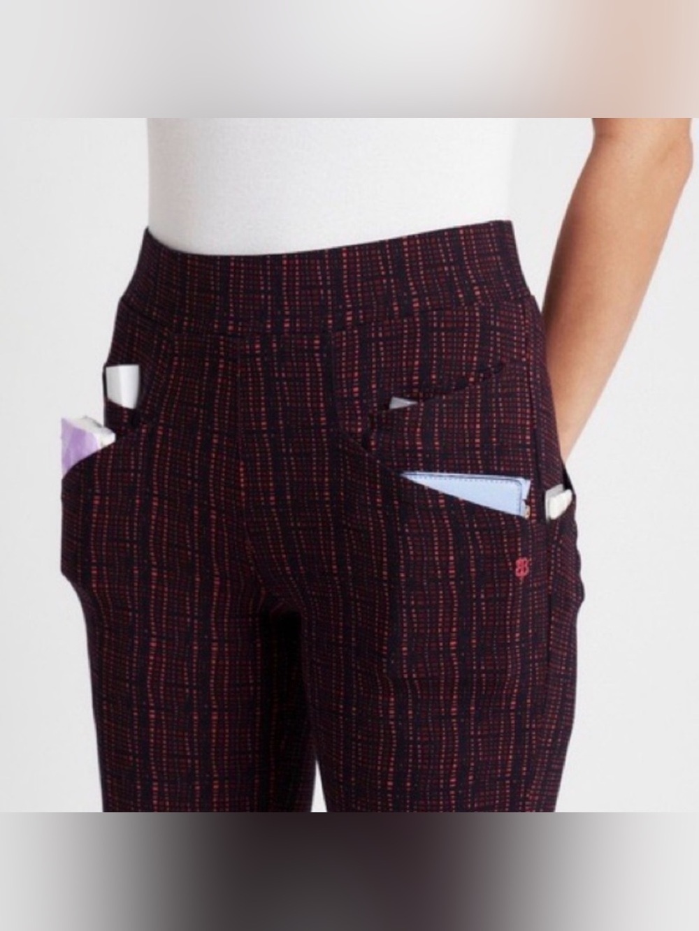 BETABRAND Journey 6 Pocket Skinny Dress Pants Neo Plaid Black Red Size LP - Picture 2 of 16